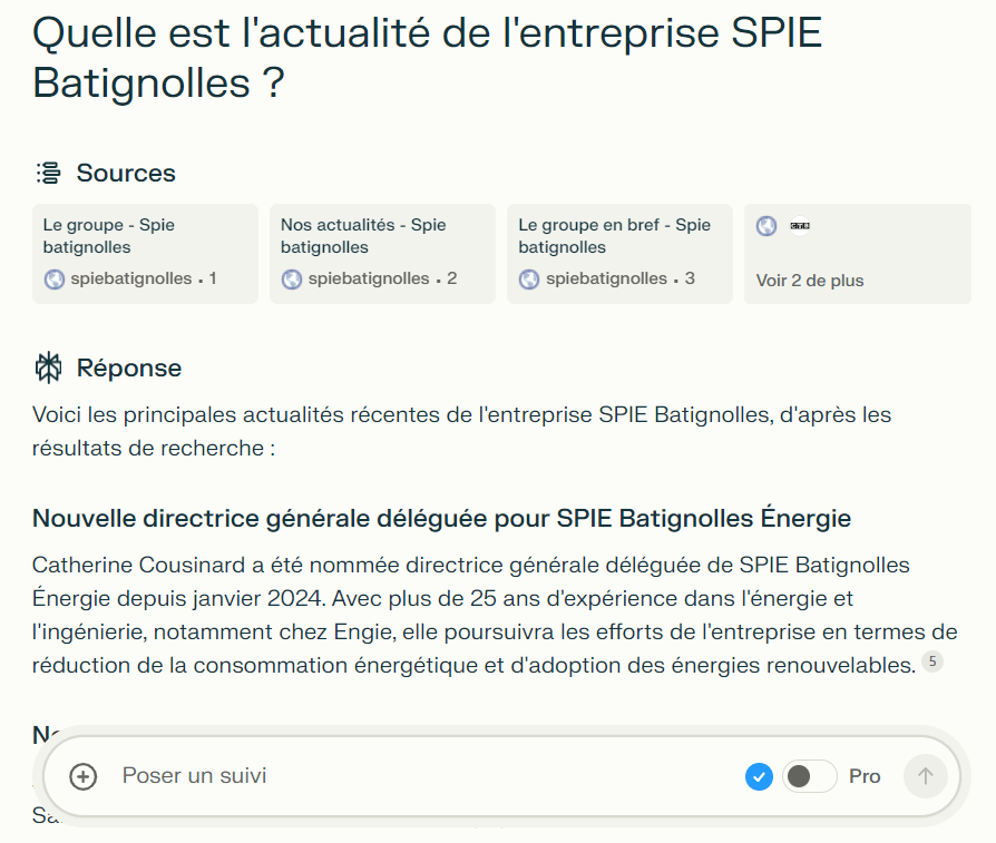 Exmeple d'un prompt et d'une réponse sur Perplextiy AI