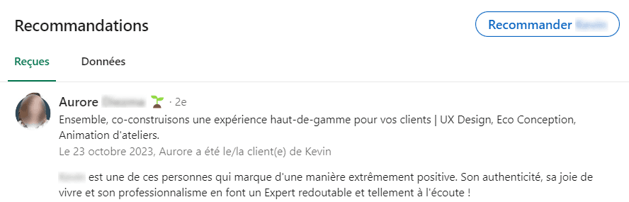 Exemple de recommandation LinkedIn en formation commerciale