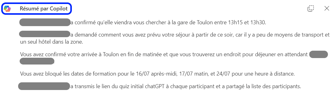 Exemple de résumé de fil de discussion mails par Microsoft Copilot