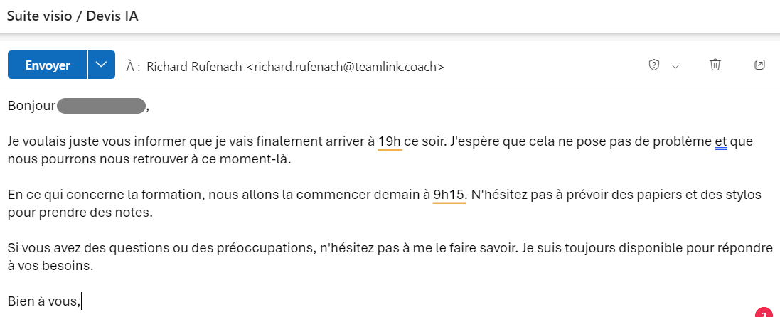  Exemple de rédaction de mails par Microsoft Copilot directement dans Outlook