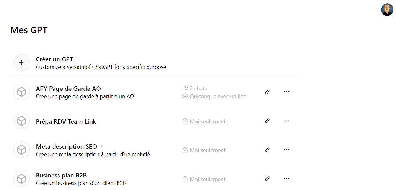 Fonction "MyGPTs" dans chatGPT d'OpenAI